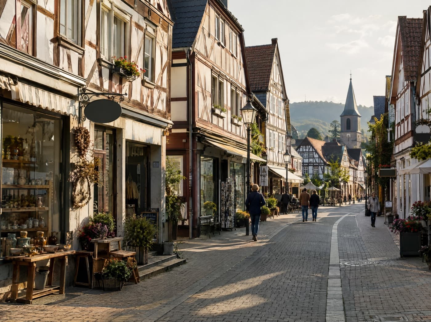 Innenstadt einer hessischen Kleinstadt mit Fachwerkhäusern und Läden