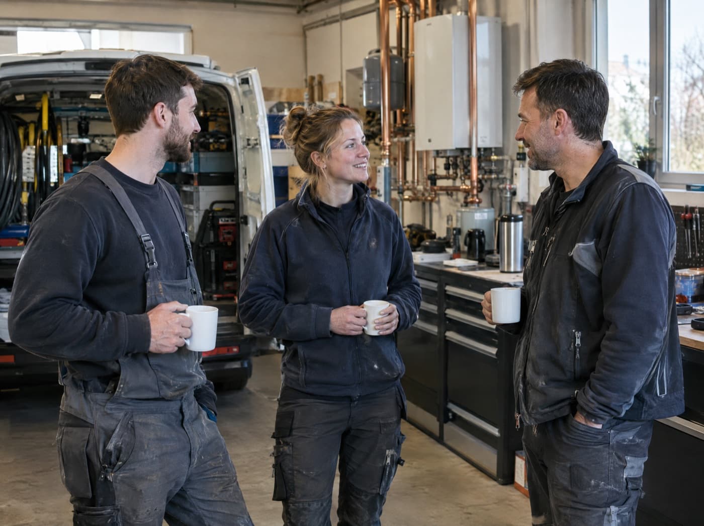 Team eines Heizungs- und Sanitärbetriebs in der Werkstatt